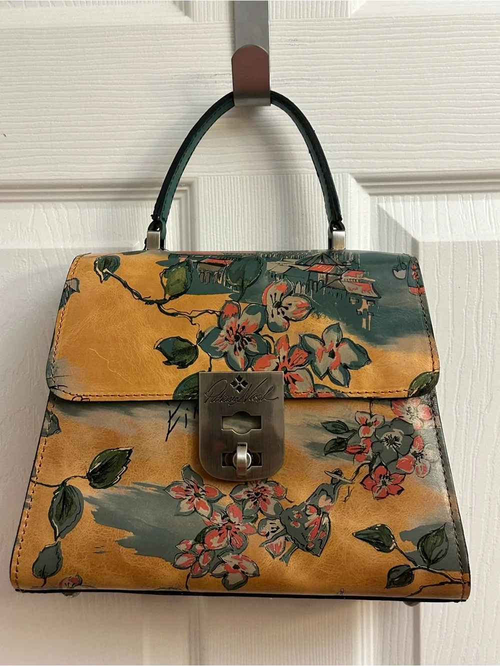 Patricia Nash Floral Top-Handle Satchel in Tan and Green
